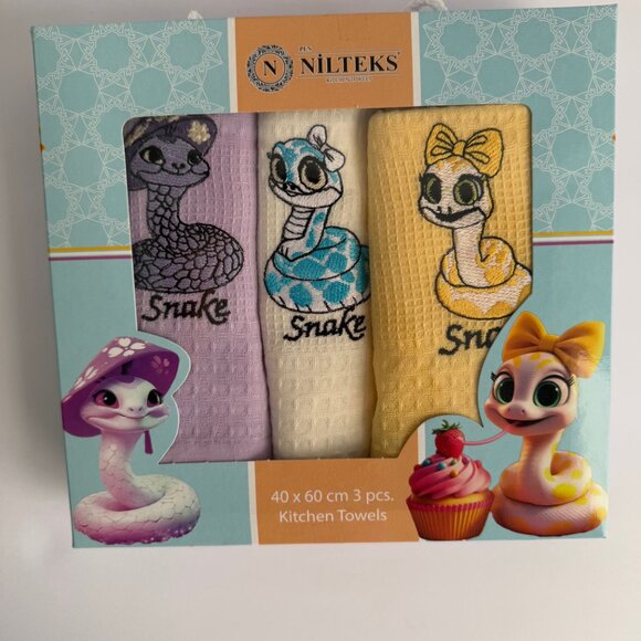 Set of 3 New Kitchen Towels 2025 Year of The Snake 40x60cm Embroidery Cotton - Picture 8 of 9